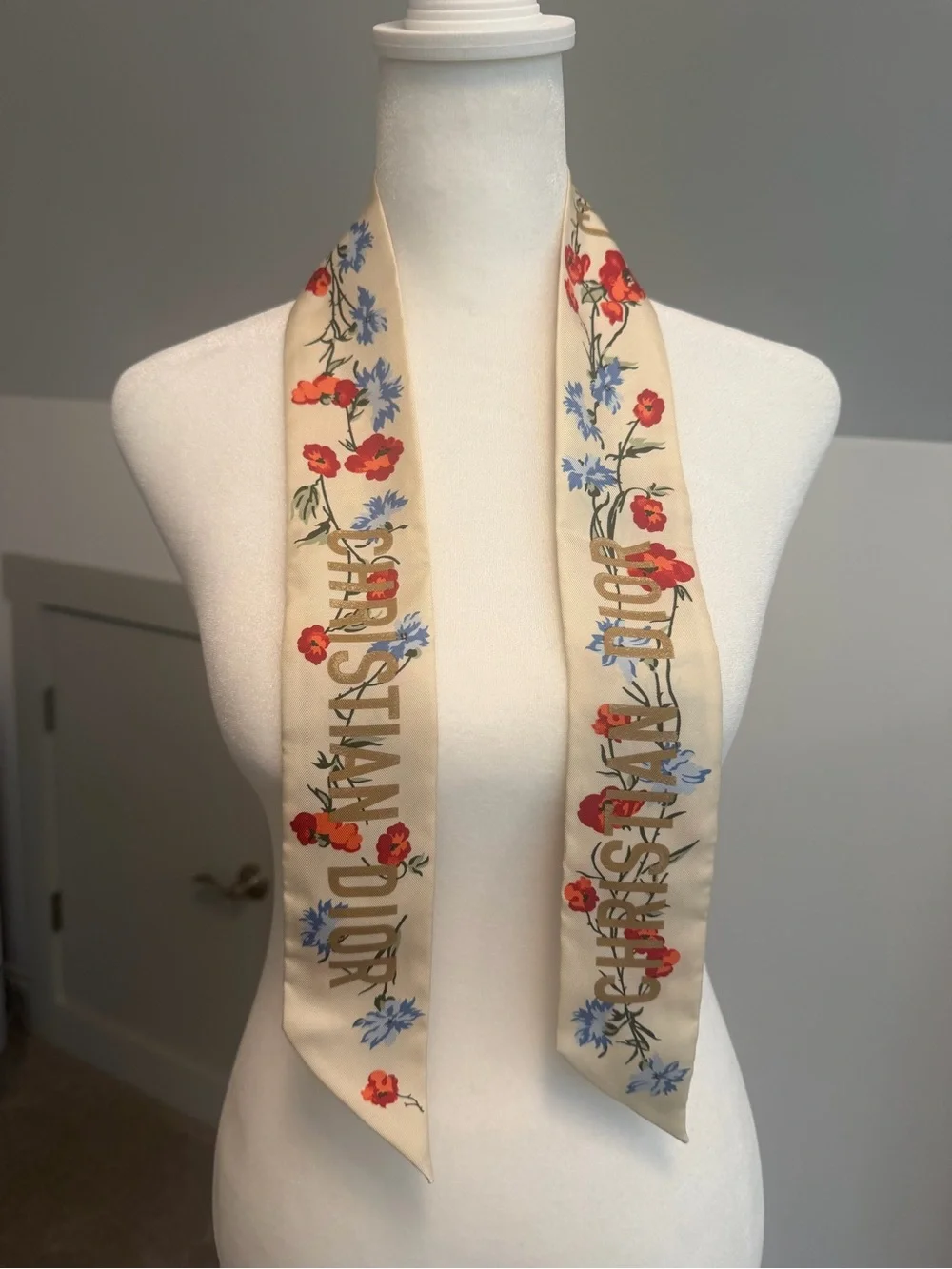 Dior Cream Silk Floral Bow Scarf with Red & Blue Blooms w/COA